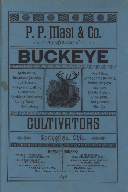Illustrated catalog describing the Buckeye cultivators offered by the P. P. Mast and Company in 1886.