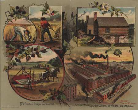 Illustrated advertisement for the McCormick Harvesting Machine Company, depicting their machinery working in the field.