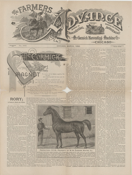 Illustrated newsletter titled the Farmers Advance produced by McCormick Harvesting Machine Company in March 1892.