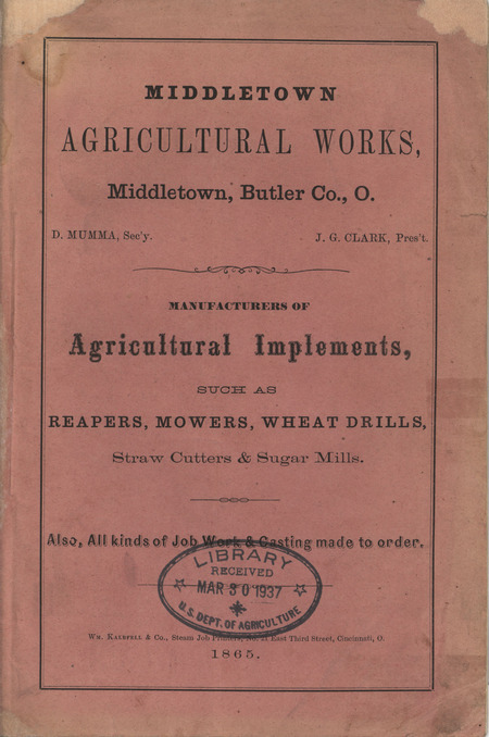 Illustrated catalog describing the agricultural implements offered by Middletown Agricultural Works in 1865.