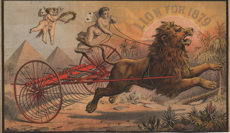 Illustrated advertisement describing the Improved Lion Sulky Rake offered by A. W. Miner and Company in 1879.