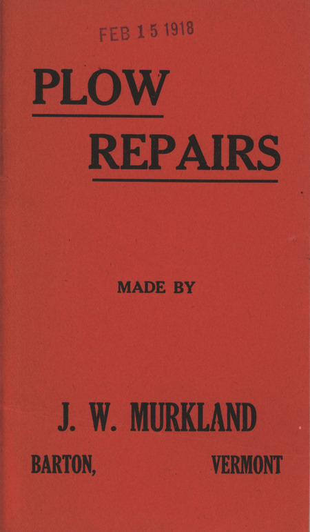 List of plow repairs offered by J. W. Murkland in 1918.
