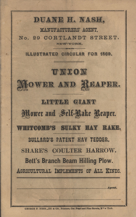 Illustrated catalog describing the agricultural implements offered by Duane H. Nash in 1869.