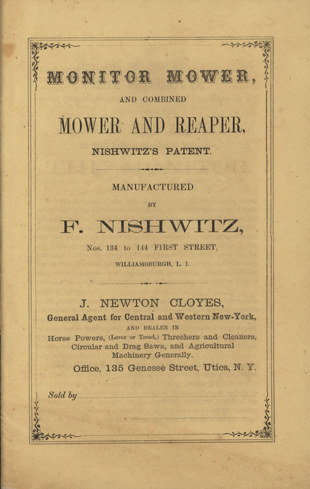 Illustrated catalog describing the monitor mower and combined mower and reaper offered by F. Nishwitz in 1864.