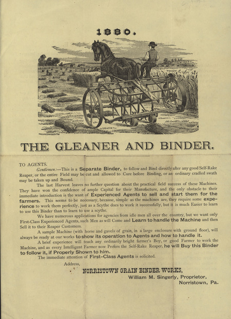 Illustrated advertisement for the gleaner and binder offered by Norristown Grain Binder Works in 1880.