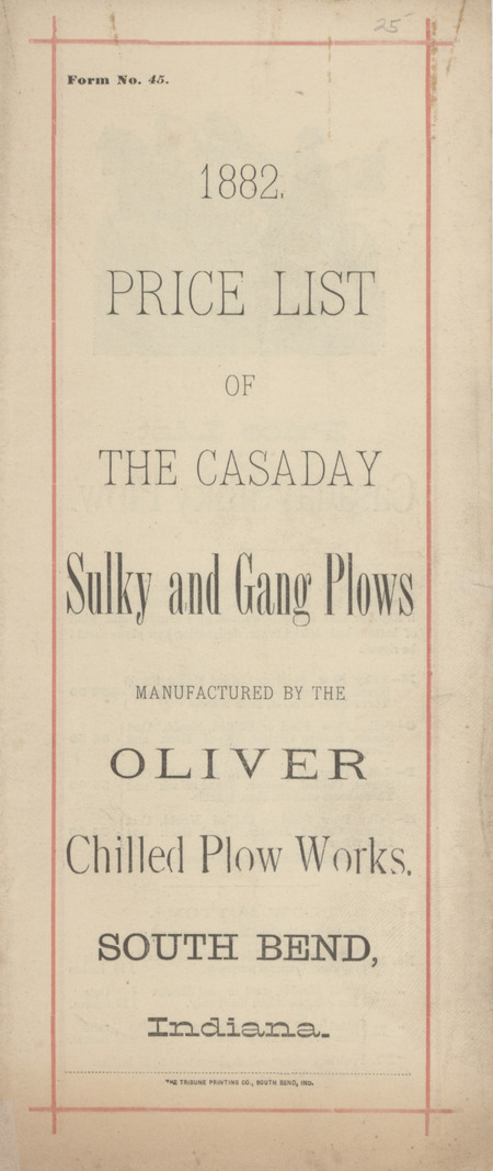 Price list for Casaday Sulky and Gang Plows offered by Oliver Chilled Plow Works in 1882.