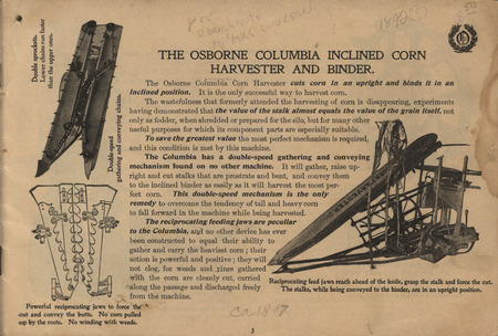 Illustrated catalog describing the Osborne Columbia Inclined Corn Harvester and Binder.