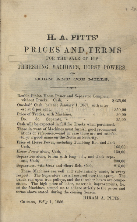 Illustrated price and terms for sale of the agricultural implements from H. A. Pitts in 1856.