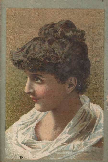 Illustrated advertisement card for the agricultural implements offered by The Plano Manufacturing Company in 1887, depicting a woman on the front.