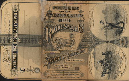 Illustrated Strowbridge pocket memorandum and calendar produced by Racine Seeder Company in 1885.