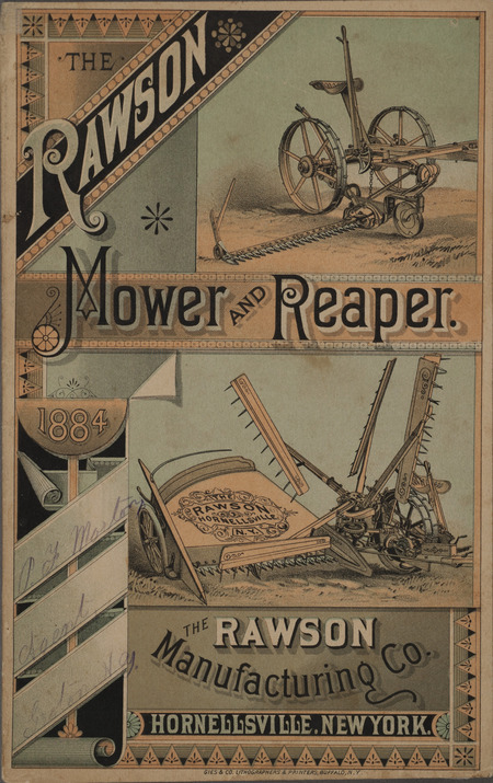 Illustrated catalog describing the mowers and reapers offered by the Rawson Manufacturing Company in 1884.
