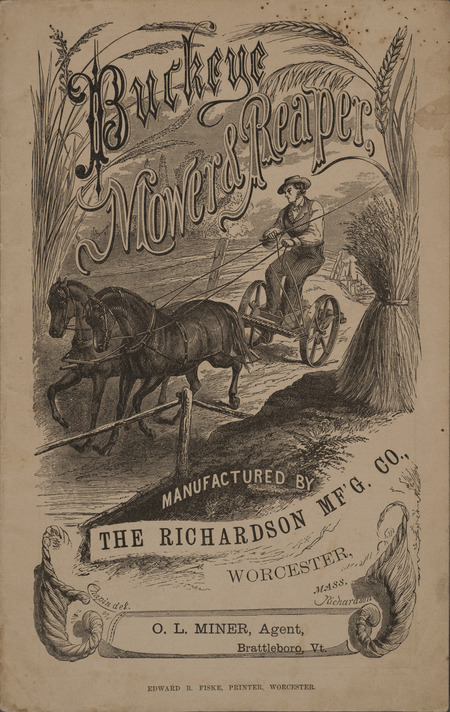 Illustrated catalog describing the Buckeye mowers and reapers offered by the Richardson Manufacturing Company in 1875.