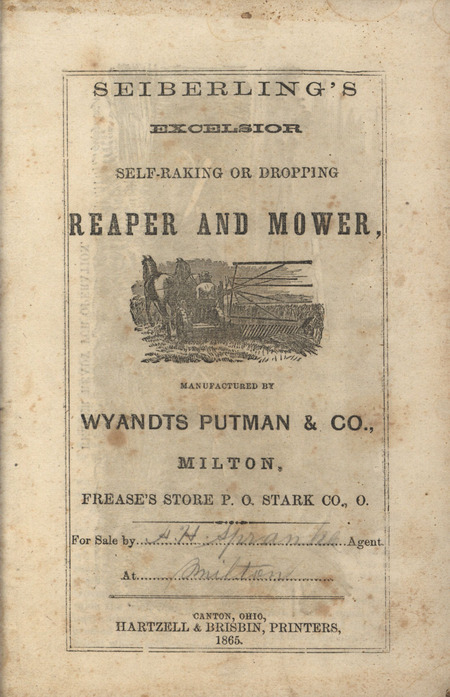 Illustrated catalog describing the agricultural implements offered by the Wyandts Putman and Company in 1865.
