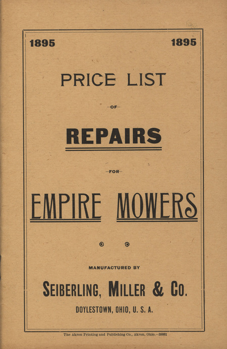 Illustrated price list for the repairs of Empire Mowers offered by Seiberling, Miller and Company in 1895.