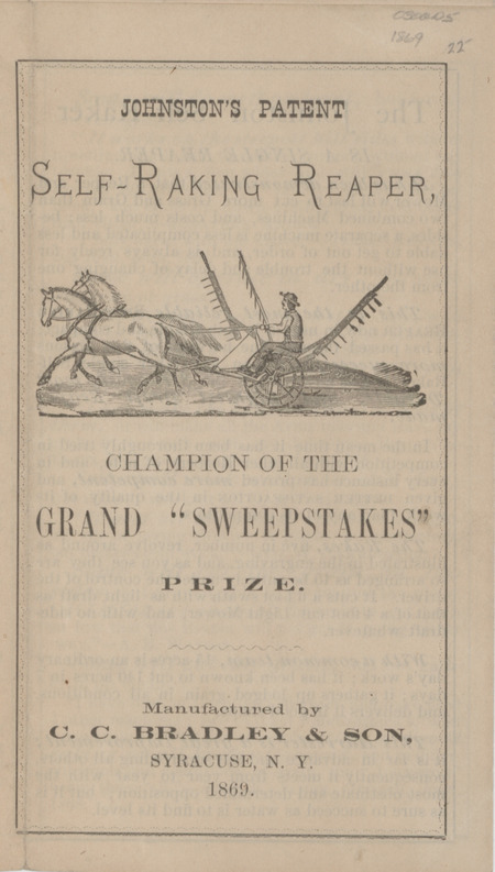Illustrated catalog describing the self-raking reaper offered by C. C. Bradley and Son from 1869.