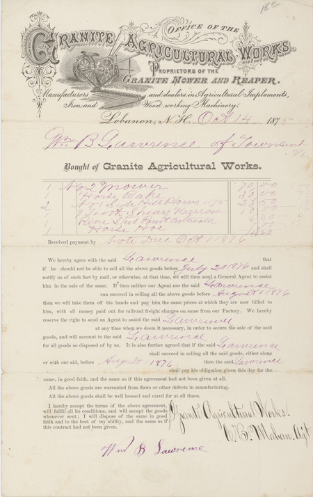 Receipt of purchase dated October 14, 1875 from Granite Agricultural Works.