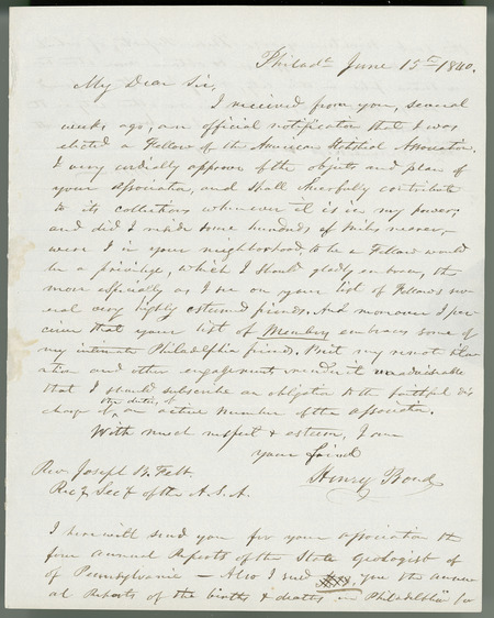This collection of letters (1840-1844) contains the initial responses for those invited to join the recently inaugurated American Statistical Association. The respondents include well-known statisticians such as Edward Jarvis, Francis Lieber, J.M. Peck, and William Prescott. The initial letter, written by ASA Secretary Joseph B. Felt, was sent (along with the constitution and by-laws) to nominated individuals after the ASA organizing meeting held in November 1839. These letters were used in an exhibit for the ASA Sesquicentennial in 1989.