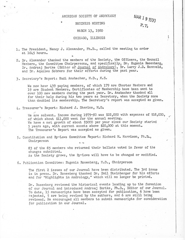 Contains the minutes from the March 13, 1980 business meeting.