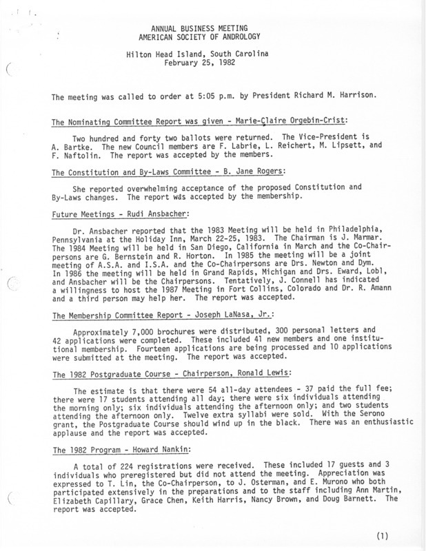 Contains the minutes from the February 25, 1982 business meeting.