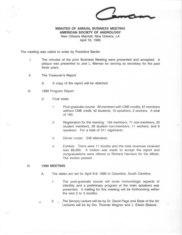 Contains the minutes from the April 16, 1989 annual business meeting.