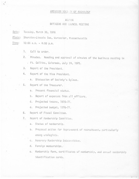 Contains materials related to officers and council members including a meeting agenda, membership report, treasurer's report, blank membership application, correspondence, and listings of committees, officers and council members.