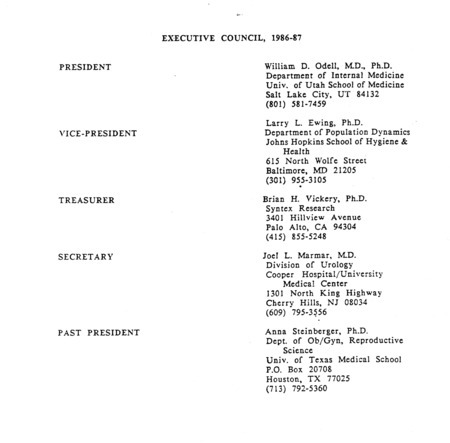 Contains listings of officers, past officers, members of the executive council, committee chairpersons, and charter members.