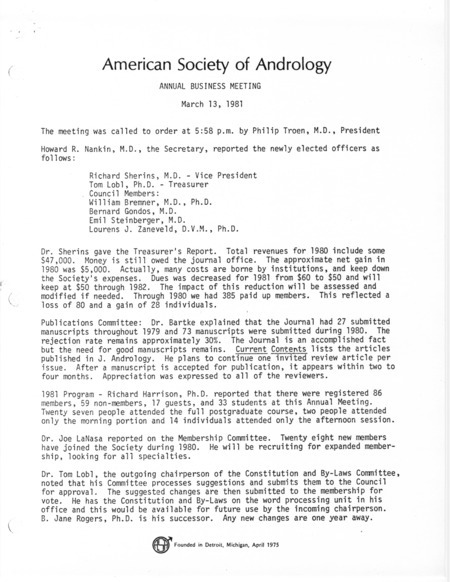 Contains the minutes from the March 13, 1981 business meeting.