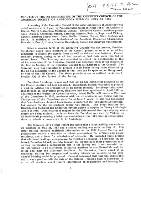 Contains the minutes for the executive council meeting on July 23, 1985.