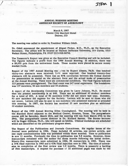 Contains the officer and committee reports from the annual meeting on March 9, 1987.