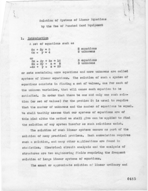 Solution of systems of linear equations by the use of punched card equipment