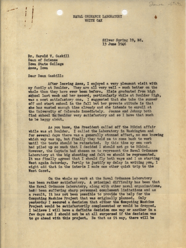 Correspondence between J.V. Atanasoff and H.V. Gaskill, discussing the difficulties they are facing in their collaboration, as well as in other related projects in the face of war.