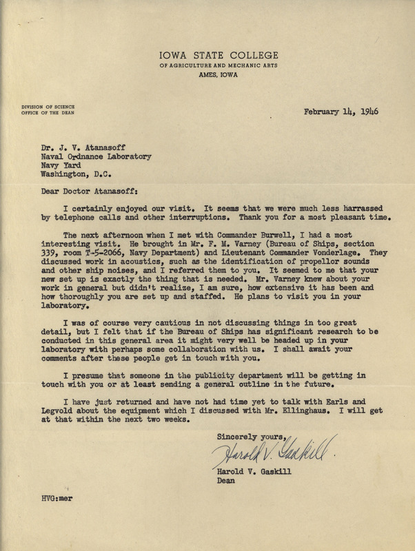 Letter from Harold V. Gaskill to John V. Gaskill, regarding his facilitation of a partnership between the Bureau of Ships and Atanasoff's acoustics laboratory.