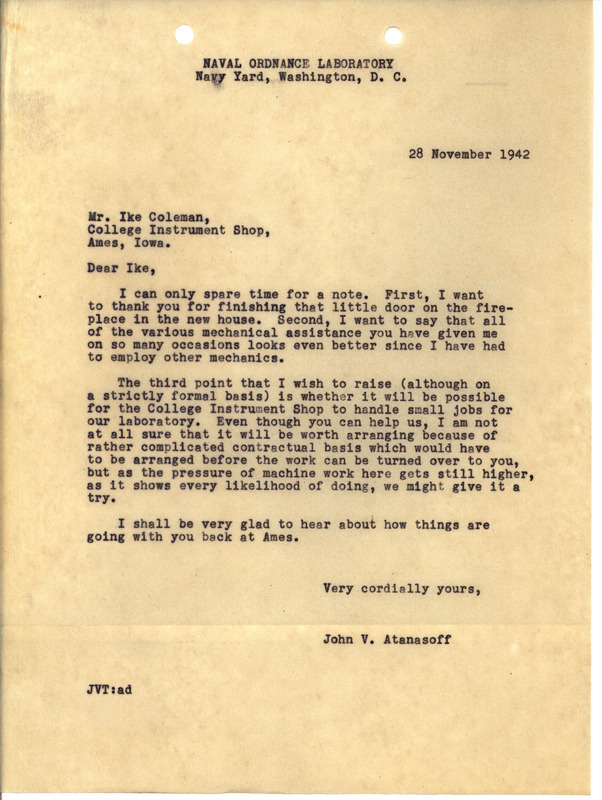 Letter from J.V. Atanasoff to Ike Coleman of Iowa State College's Instrument Shop, regarding doing small mechanical work around Atanasoff laboratory.