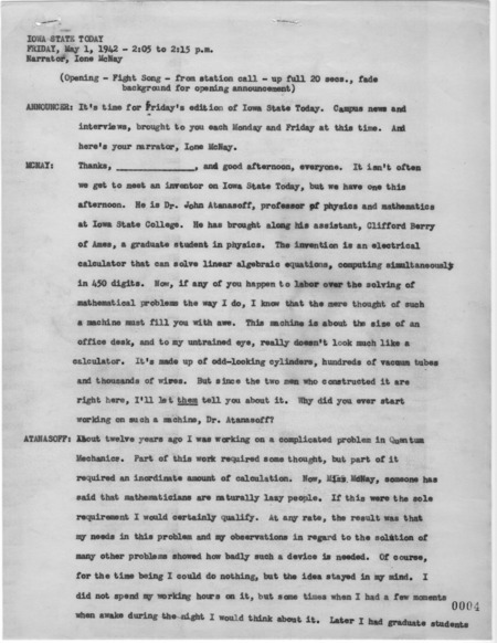 Transcript of the radio show "Iowa State Today" on May 1, 1942 with Ione McNay interviewing John V. Atanasoff and Clifford Berry.