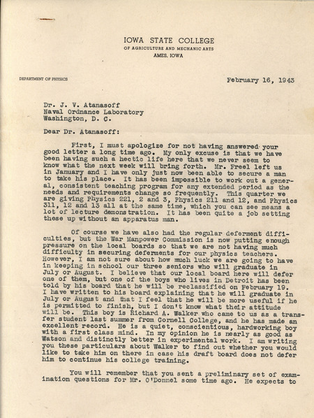 Letter from J.W. Woodrow to J.V. Atanasoff, regarding news and the effects of hiring decisions made at Iowa State College.