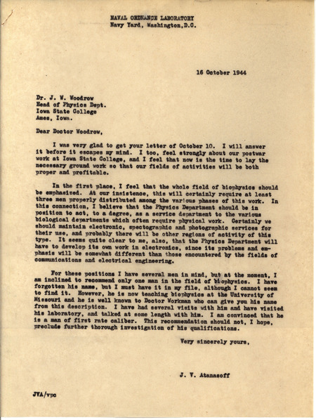 Letter from J.V. Atanasoff to J.W. Woodrow, regarding faculty and work flow recommendations for a physics department.