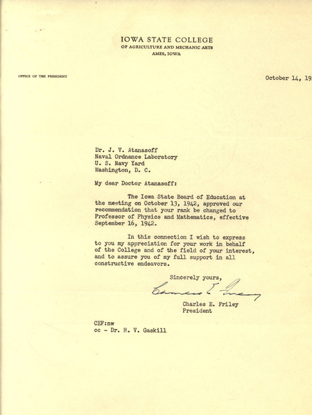 Letter from Charles E. Friley of Iowa State College notifying Atanasoff of his promotion to Professor of Physics and Mathematics effective September 16, 1942.