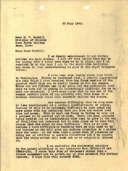 Letter from J.V. Atanasoff to H.V. Gaskill, regarding patents and difficulties at his lab.