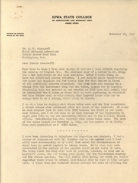 Letter from H.V. Gaskill to J.V. Atanasoff, regarding Project 300 and its costs.