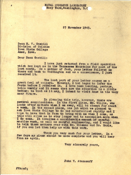 Letter from J.V. Atanasoff to H.V. Gaskill, informing him of his upcoming projects and impending travel to Ames.