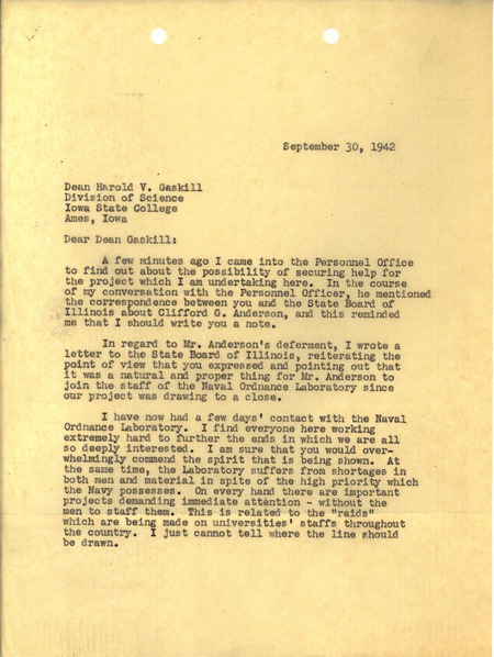 Letter from J.V. Atanasoff to H.V. Gaskill, regarding staffing difficulties during the war.