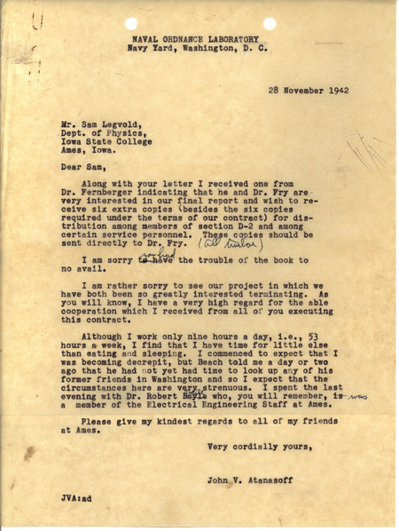 Letter from J.V. Atanasoff to Sam Legvold, reviewing and updating the final terms of a project that Atanasoff and Legvold were working together on. He updated him on the amount of final reports and on mutual friendships.