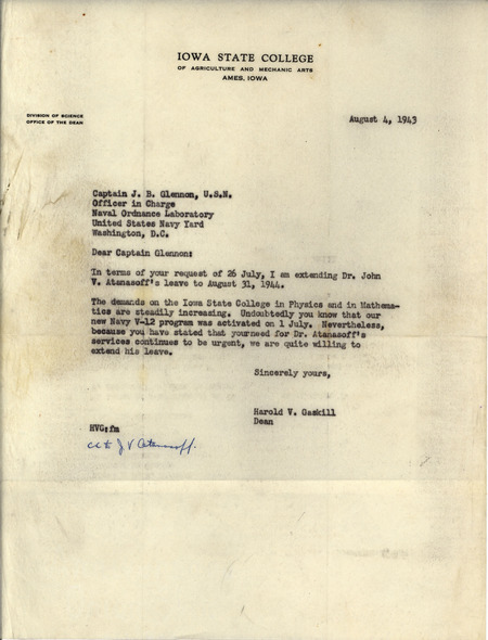 Letter from H.V. Gaskill to J.B. Glennon responding to his request to extend Atanasoff's leave until August 31, 1944, due to the Naval lab's increased need for work.