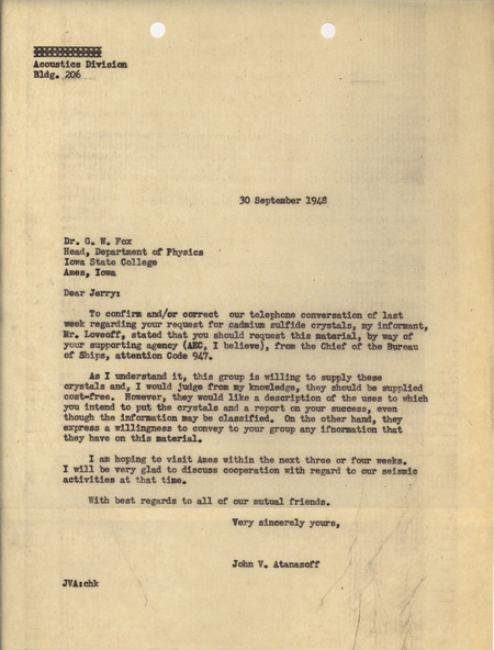 Letter from John V. Atanasoff to G. W. Fox of Iowa State College regarding a request for cadmium sulfide crystals, September 30, 1948. The letter details the proper channels to use to obtain cadmium sulfide crystals.