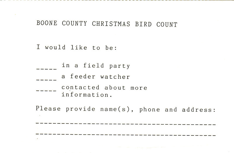 Letter from Erik Munson to the members of Big Bluestem Audubon Society regarding the Boone County Christmas Bird Count. The letter requests participation from the members of the society to assist with the annual survey of winter resident birds in Boone County and the habitat along the Des Moines River. Also included is a postcard for members to return to Munson indicating their level of interest in helping with the count.