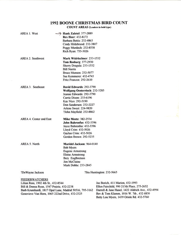 A group of documents related to the 1992 Boone Christmas Bird Count, including the count areas with leaders and participants, a map of the area to be surveyed, a general information and statistics form, and an area report form with several bird species listed.