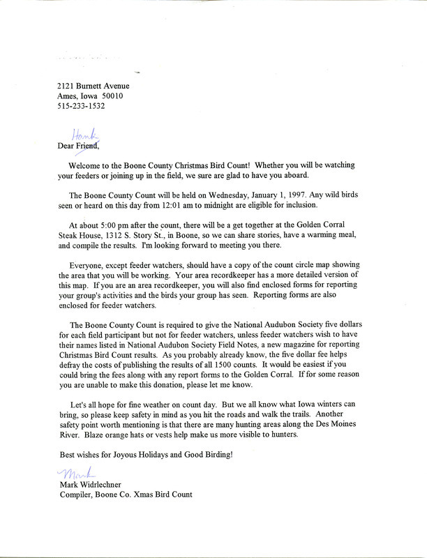 Letter from Mark Widrlechner to Hank Zaletel regarding the Boone County Christmas Bird Count. The letter provides details for the bird count in Boone County on January 1, 1997.