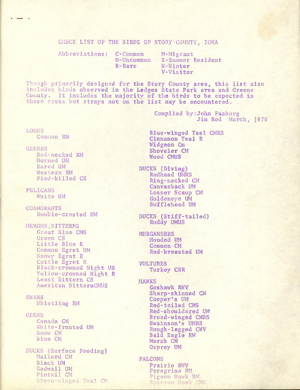 A list of the most regularly observed bird species found in Story County as well as at Ledges State Park and in Greene County compiled by John Faaborg and Jim Rod, March 1970. Included is a list of the better birding locations found in Story, Boone, Greene, and Hamilton Counties including directions to the habitats as well as species commonly located at each destination. Also of note is a chart for the months of March, April, and May which shows the average arrival dates of common Iowa spring migrant birds.