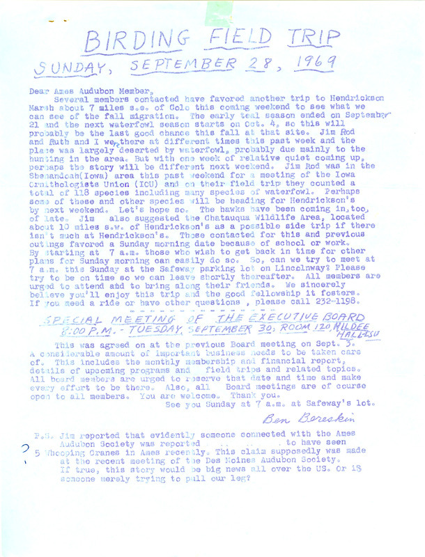 Letter from Ben Bereskin to Wilmer J. Miller, Lotus Miller and other Ames Audubon Society members regarding a birding field trip, September 22, 1969. The letter details a birding trip to Hendrickson Marsh to observe the fall waterfowl migration. The letter also includes an announcement of a special meeting of the executive board of the society and a possible sighting of Whooping Cranes in Ames.