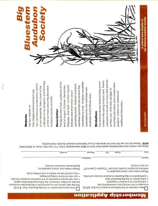 A brochure with a membership application to join the Big Bluestem Audubon Society. The brochure includes information on the local chapter of the Audubon as well as details on meetings, field trips, the Christmas Bird Count, and other activities.